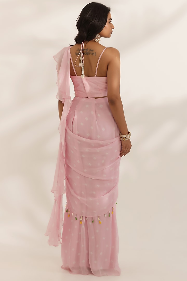Pastel Pink Georgette Bandhani Printed Draped Party Wear Saree Set by MANISHA SONI at Pernia's Pop Up Shop