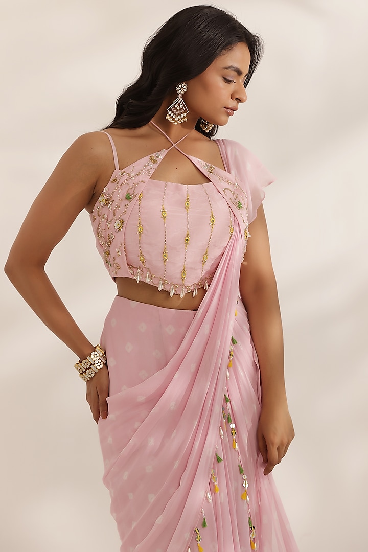 Pastel Pink Georgette Bandhani Printed Draped Party Wear Saree Set by MANISHA SONI at Pernia's Pop Up Shop