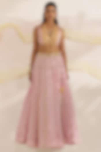 Pastel Pink Georgette Mirror Work Wedding Lehenga Set by MANISHA SONI at Pernia's Pop Up Shop