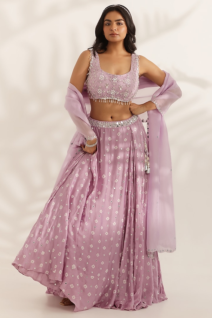 Lavender Silk Satin Bandhani Printed Wedding Lehenga Set by MANISHA SONI at Pernia's Pop Up Shop