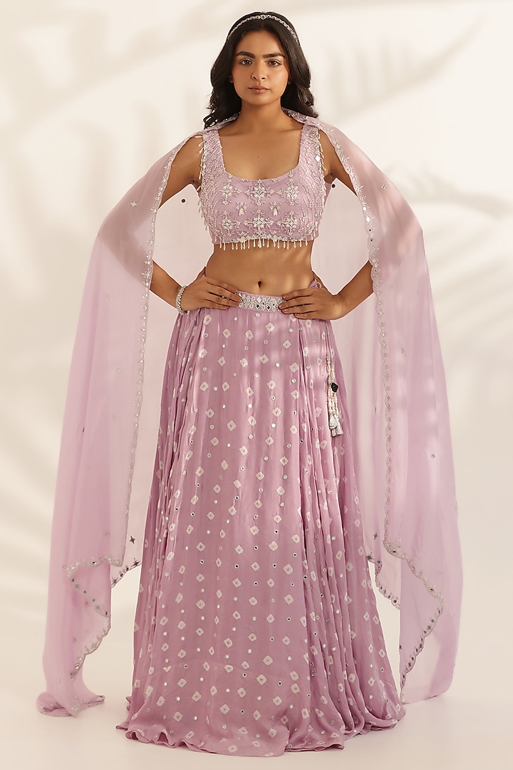 Lavender Silk Satin Bandhani Printed Wedding Lehenga Set by MANISHA SONI at Pernia's Pop Up Shop