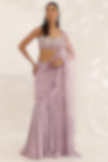 Lavender Silk Satin Bandhani Printed Wedding Lehenga Saree Set by MANISHA SONI at Pernia's Pop Up Shop