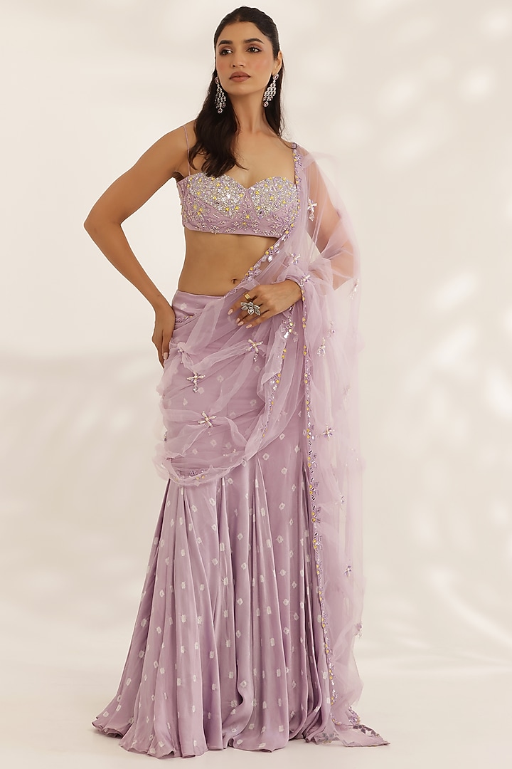 Lavender Silk Satin Bandhani Printed Wedding Lehenga Saree Set by MANISHA SONI at Pernia's Pop Up Shop
