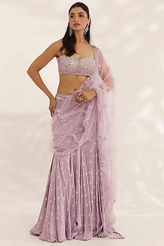 Lavender Silk Satin Bandhani Printed Lehenga Saree Set by MANISHA SONI