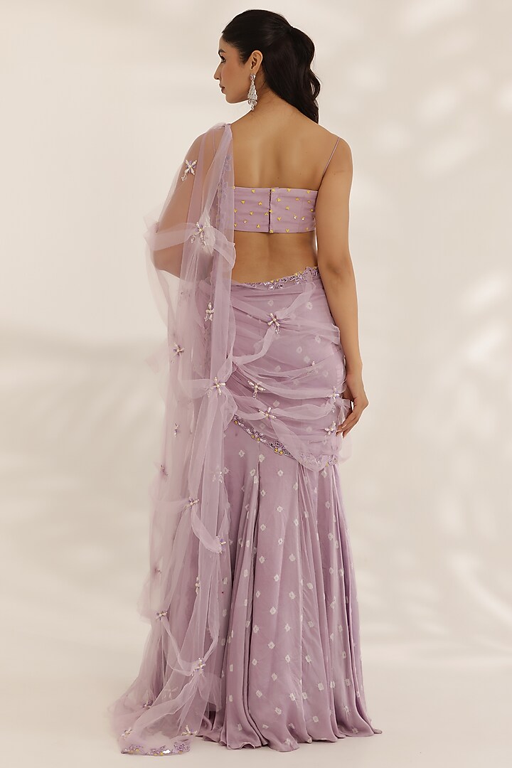 Lavender Silk Satin Bandhani Printed Wedding Lehenga Saree Set by MANISHA SONI at Pernia's Pop Up Shop