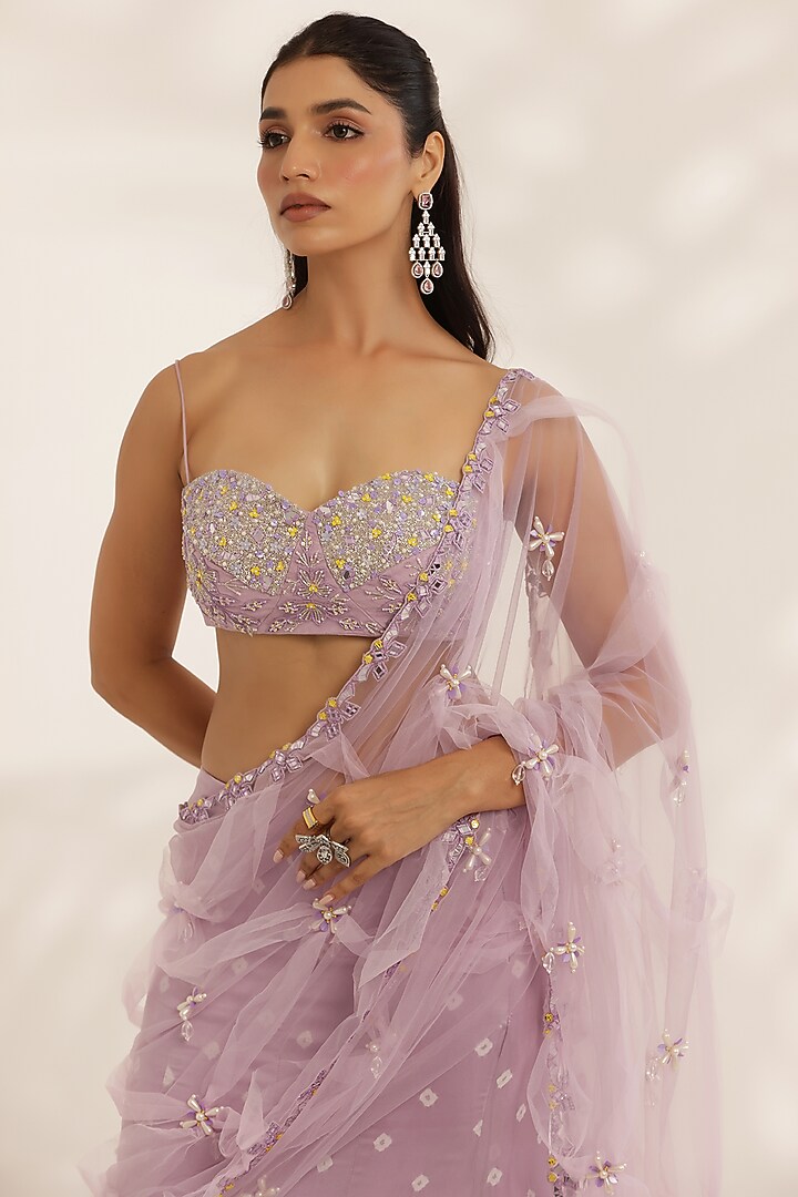 Lavender Silk Satin Bandhani Printed Wedding Lehenga Saree Set by MANISHA SONI at Pernia's Pop Up Shop