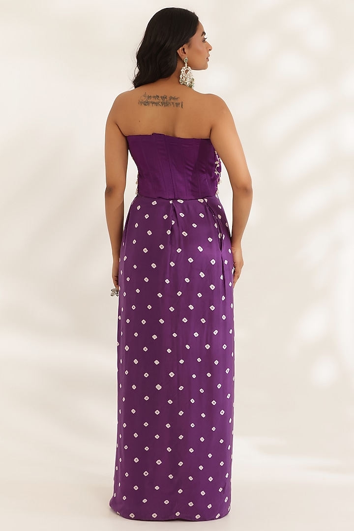Purple Silk Satin Bandhani Printed Draped Skirt Set by MANISHA SONI at Pernia's Pop Up Shop