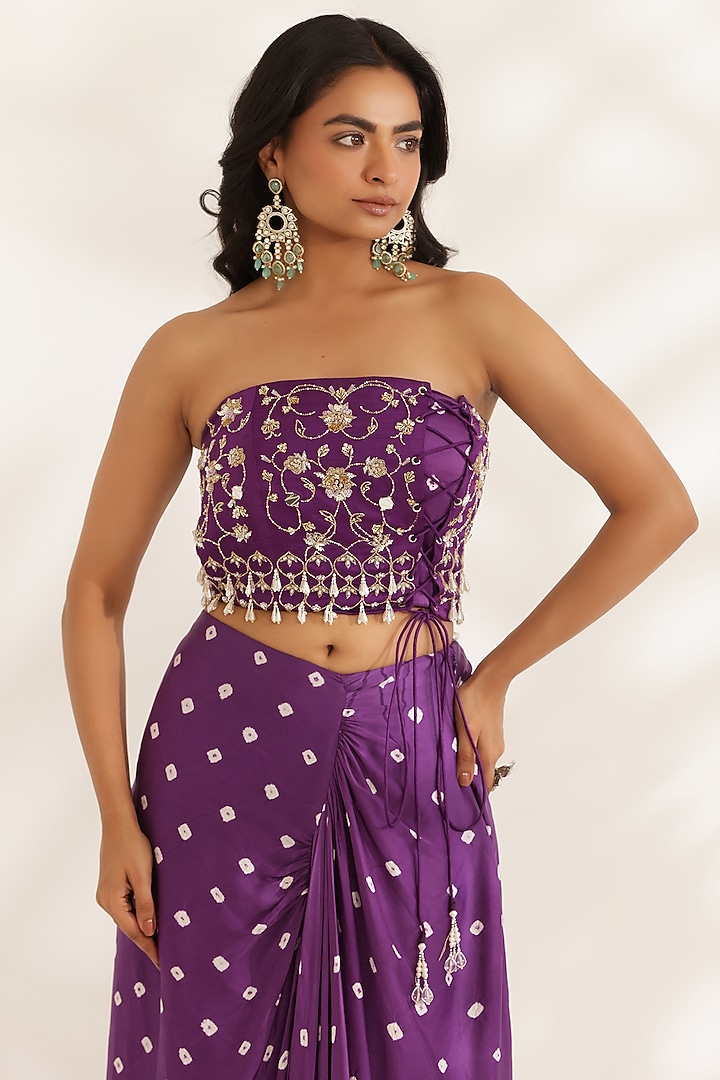 Purple Silk Satin Bandhani Printed Draped Skirt Set by MANISHA SONI at Pernia's Pop Up Shop
