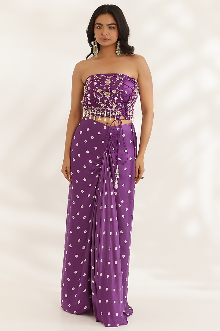 Purple Silk Satin Bandhani Printed Draped Skirt Set by MANISHA SONI at Pernia's Pop Up Shop