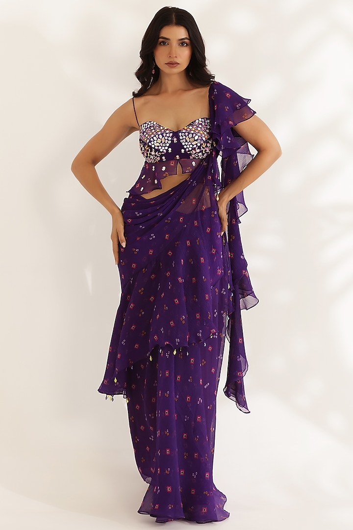 Purple Chiffon Bandhani Printed Draped Party Wear Saree Set by MANISHA SONI at Pernia's Pop Up Shop