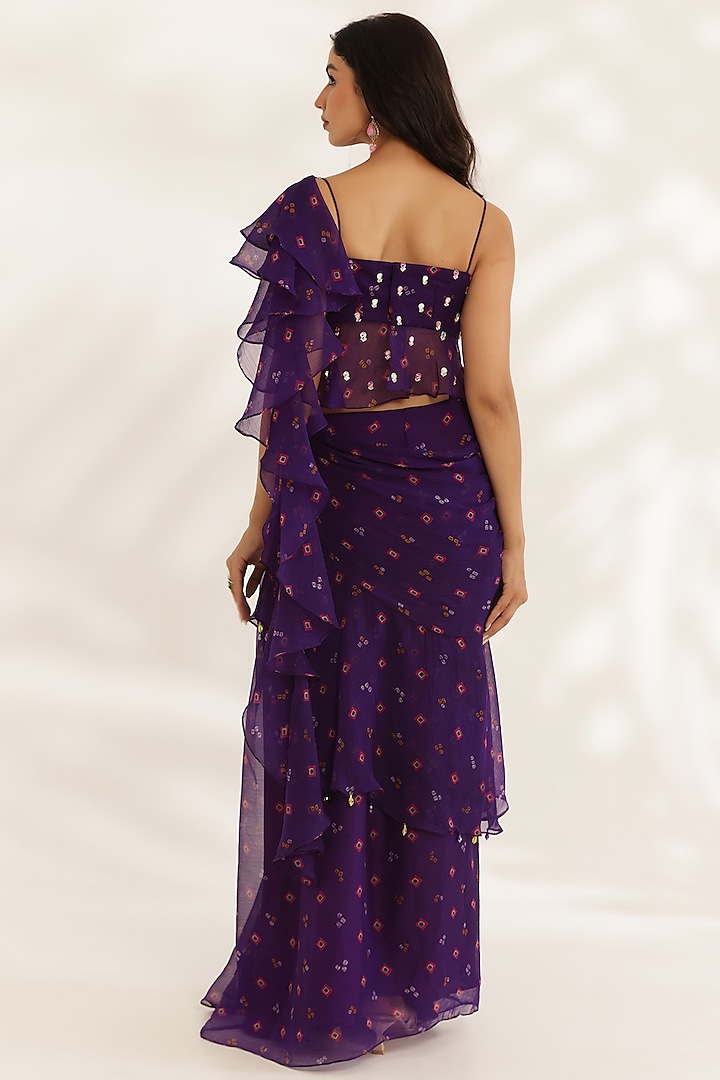 Purple Chiffon Bandhani Printed Draped Party Wear Saree Set by MANISHA SONI at Pernia's Pop Up Shop