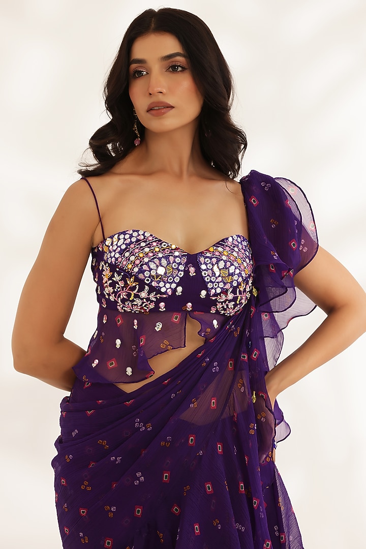 Purple Chiffon Bandhani Printed Draped Party Wear Saree Set by MANISHA SONI at Pernia's Pop Up Shop