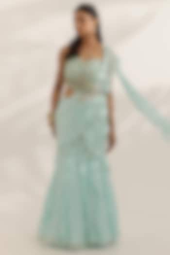 Sky Blue Georgette Ruffled Wedding Lehenga Saree Set by MANISHA SONI at Pernia's Pop Up Shop