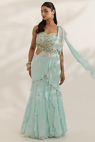 Sky Blue Georgette Ruffled Lehenga Saree Set by MANISHA SONI