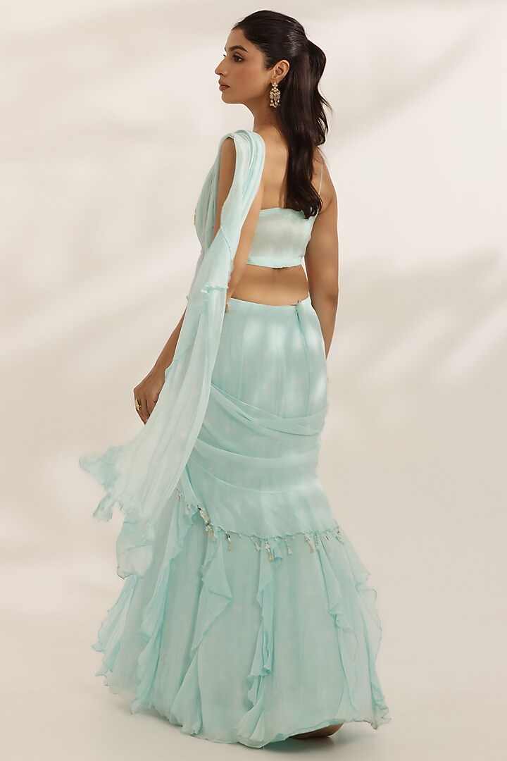 Sky Blue Georgette Ruffled Wedding Lehenga Saree Set by MANISHA SONI at Pernia's Pop Up Shop