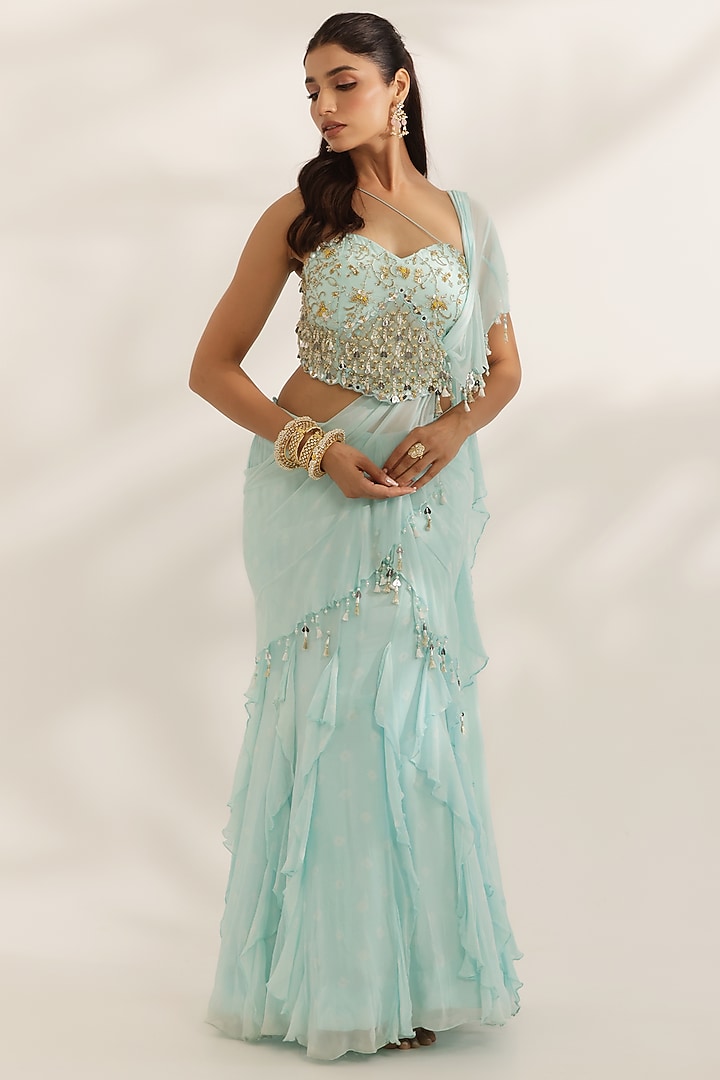 Sky Blue Georgette Ruffled Wedding Lehenga Saree Set by MANISHA SONI at Pernia's Pop Up Shop