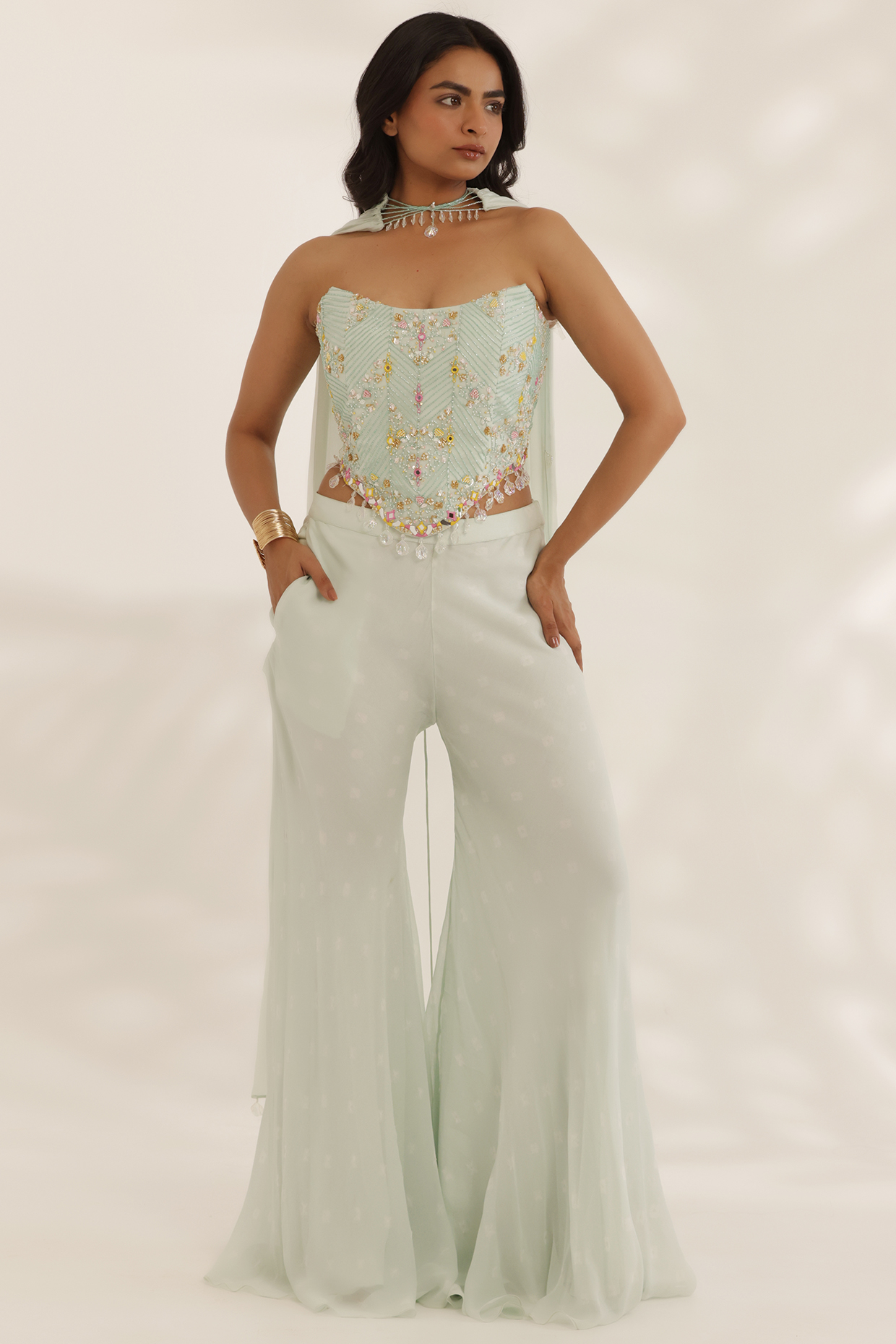 Mint Green Georgette Bell-Bottom Pant Set by MANISHA SONI at Pernia's Pop Up Shop