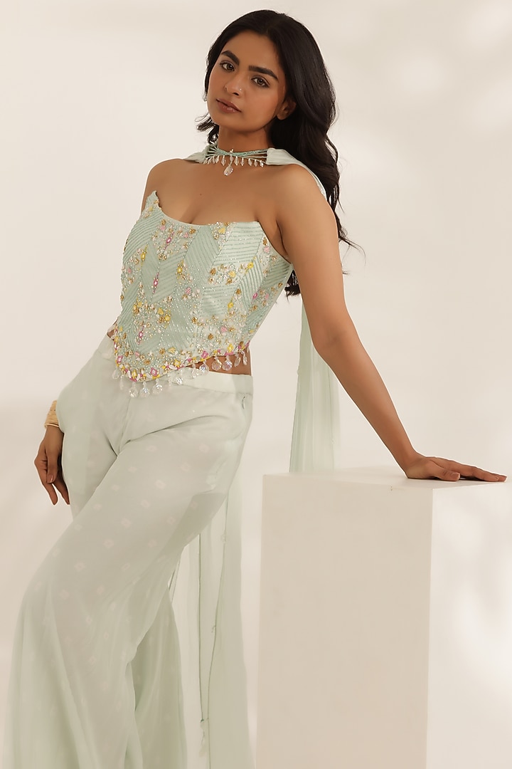 Mint Green Georgette Bell-Bottom Pant Set by MANISHA SONI at Pernia's Pop Up Shop