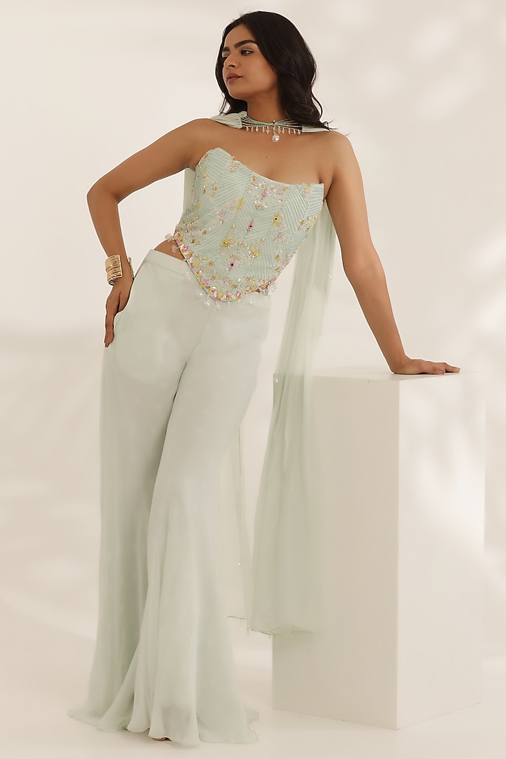 Mint Green Georgette Bell-Bottom Pant Set by MANISHA SONI at Pernia's Pop Up Shop