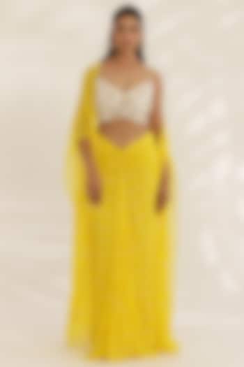 Yellow Georgette Bandhani Printed Draped Skirt Set by MANISHA SONI at Pernia's Pop Up Shop