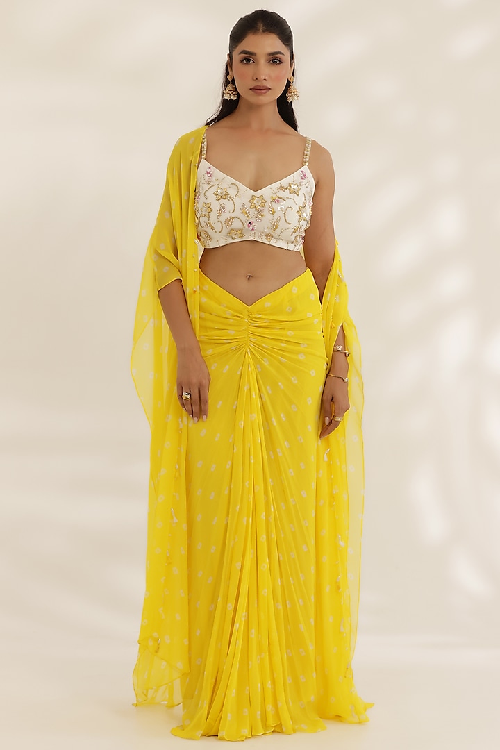 Yellow Georgette Bandhani Printed Draped Skirt Set by MANISHA SONI at Pernia's Pop Up Shop