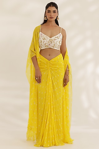 Yellow Georgette Bandhani Printed Draped Skirt Set by MANISHA SONI