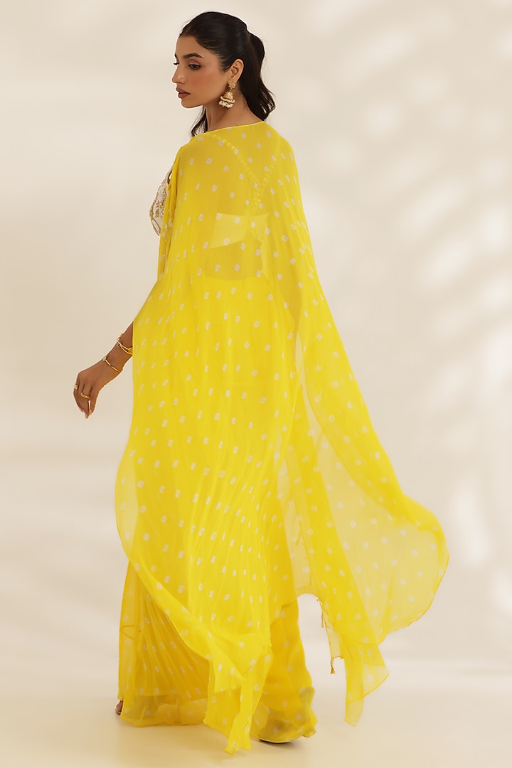 Yellow Georgette Bandhani Printed Draped Skirt Set by MANISHA SONI at Pernia's Pop Up Shop