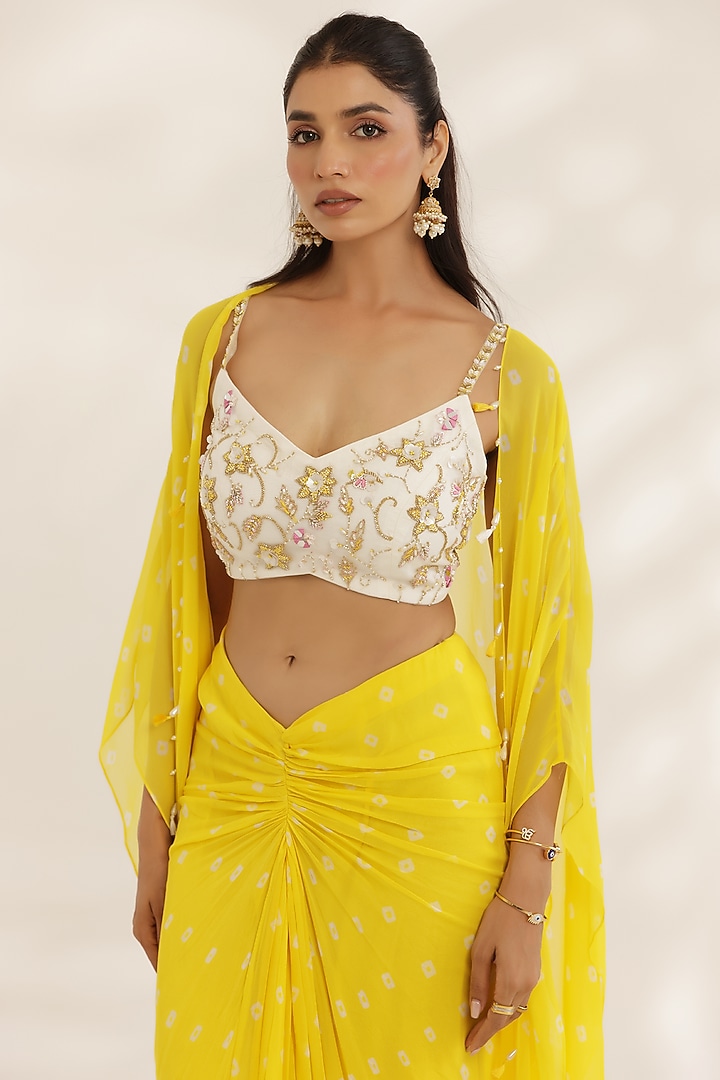 Yellow Georgette Bandhani Printed Draped Skirt Set by MANISHA SONI at Pernia's Pop Up Shop