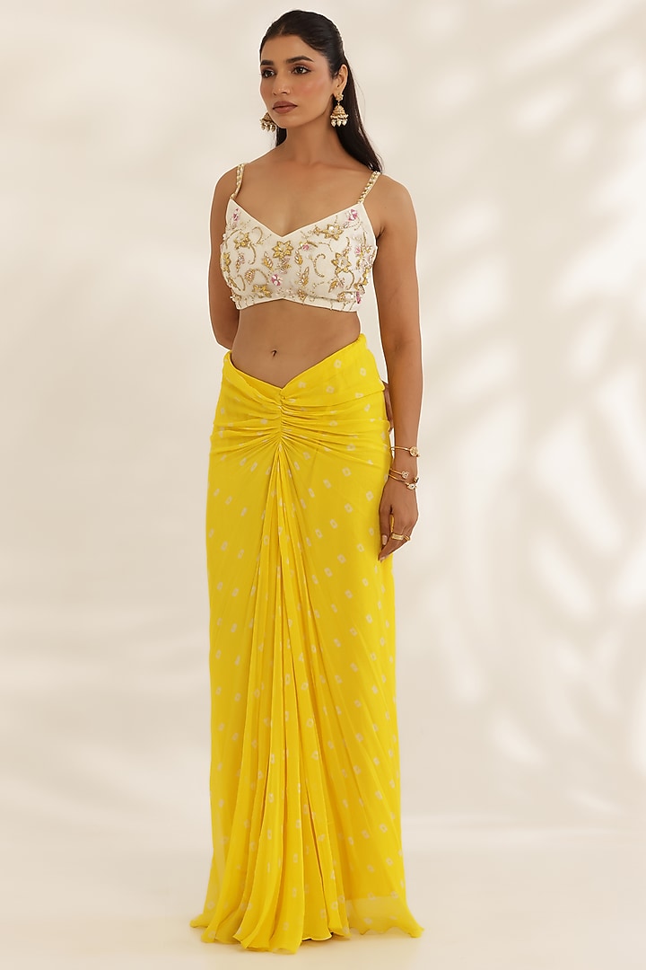 Yellow Georgette Bandhani Printed Draped Skirt Set by MANISHA SONI at Pernia's Pop Up Shop