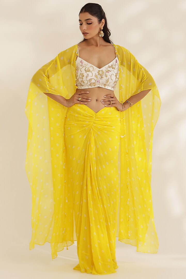 Yellow Georgette Bandhani Printed Draped Skirt Set by MANISHA SONI at Pernia's Pop Up Shop
