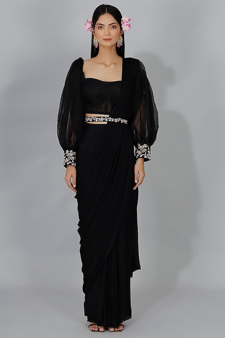 Black Georgette Crepe Pre-Draped Party Wear Saree Set by MANISHA SONI at Pernia's Pop Up Shop