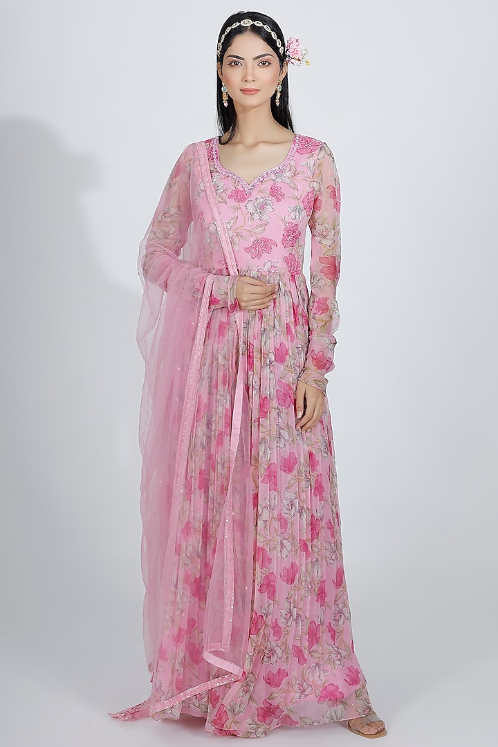 Pastel Pink Printed Anarkali With Dupatta by MANISHA SONI