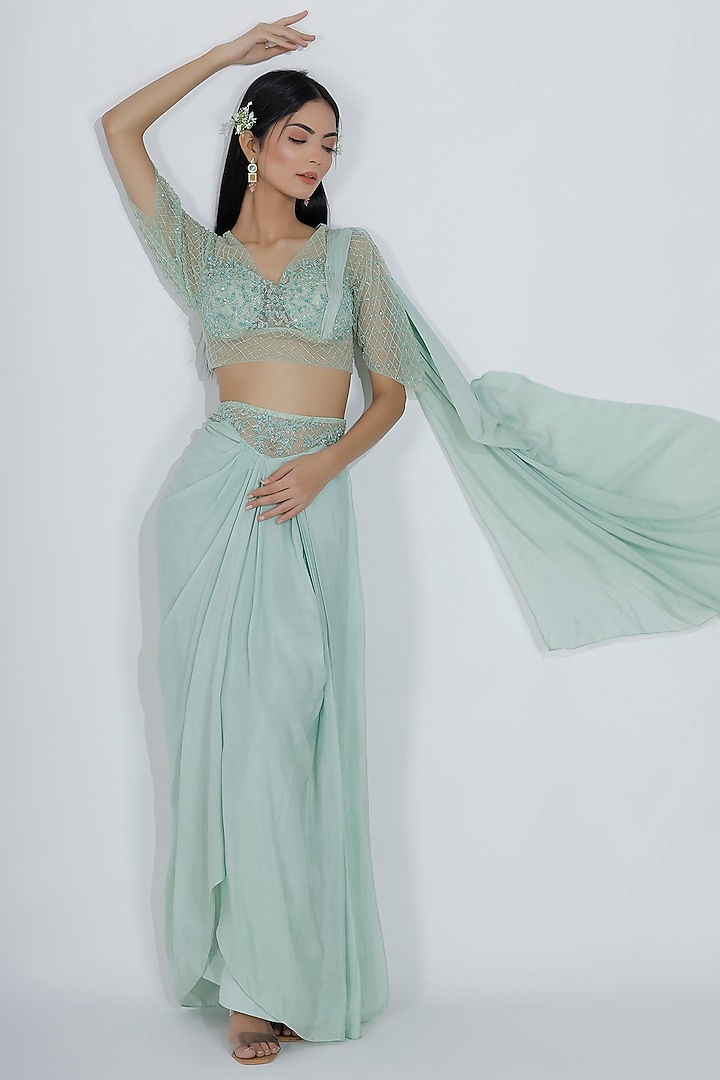 Mint Green Draped Skirt Set by MANISHA SONI at Pernia's Pop Up Shop