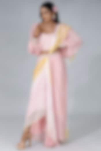 Pastel Pink Printed Draped Saree Set by MANISHA SONI