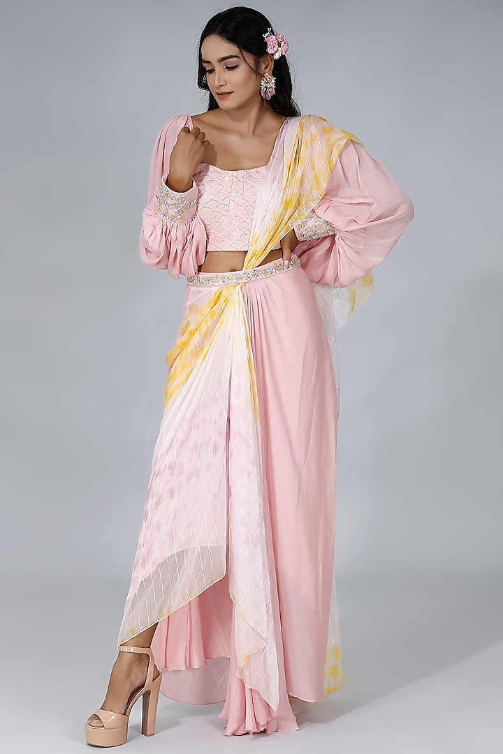 Pastel Pink Printed Draped Saree Set by MANISHA SONI