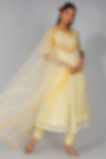 Pastel Yellow Embroidered Party Wear Anarkali Set by MANISHA SONI at Pernia's Pop Up Shop