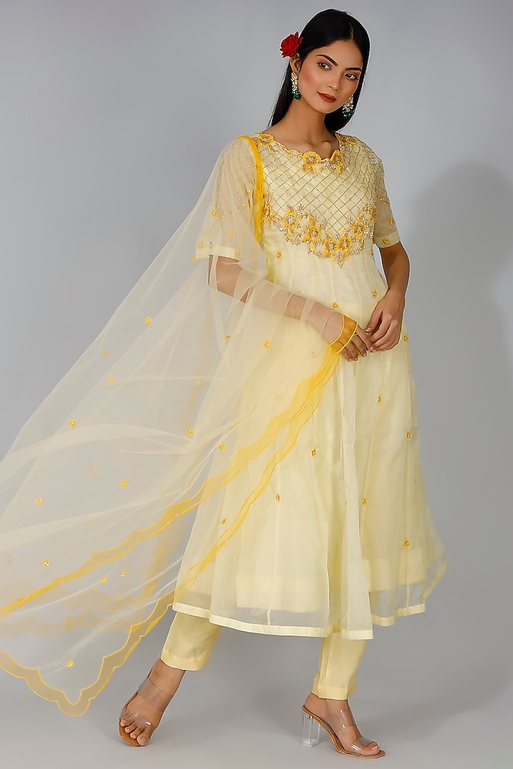 Pastel Yellow Embroidered Party Wear Anarkali Set by MANISHA SONI at Pernia's Pop Up Shop