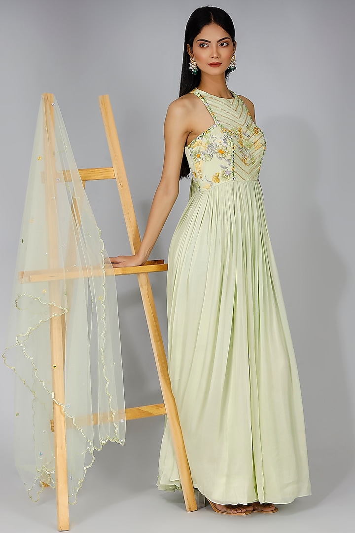 Pastel Green Embroidered Anarkali With Dupatta by MANISHA SONI