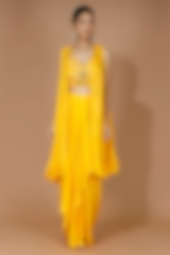 Yellow Georgette Draped Skirt Set by MANISHA SONI