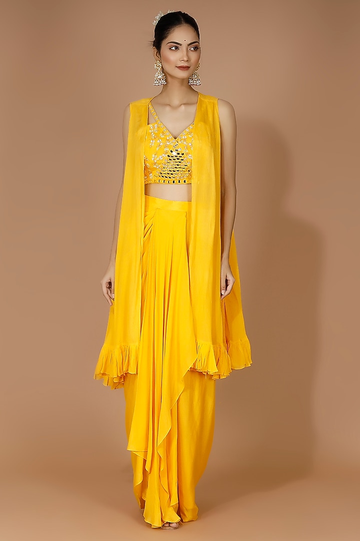 Yellow Georgette Draped Skirt Set by MANISHA SONI at Pernia's Pop Up Shop