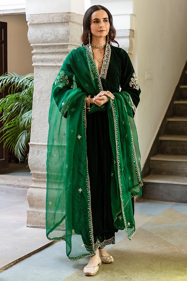 Green Velvet Silk Zardosi & Boota Embroidered Hand-Dyed Kurta Set by Maison Shefali at Pernia's Pop Up Shop