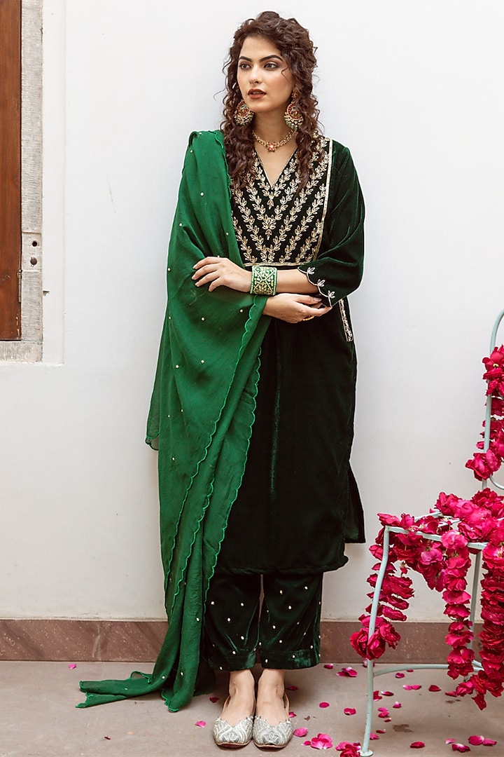 Green Velvet Silk Zardosi & Moti Embroidered Hand-Dyed Kurta Set by Maison Shefali at Pernia's Pop Up Shop