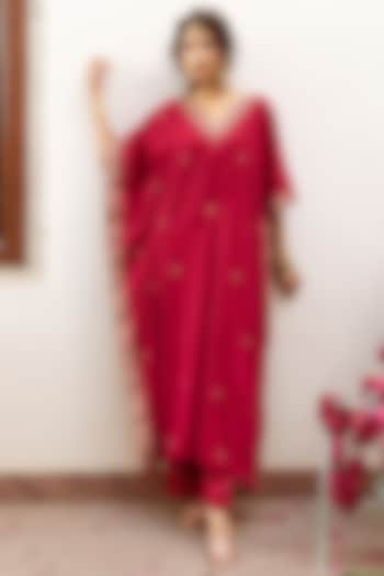 Pink Velvet Silk Zardosi & Marori Embroidered Hand-Dyed Kaftan Set by Maison Shefali at Pernia's Pop Up Shop