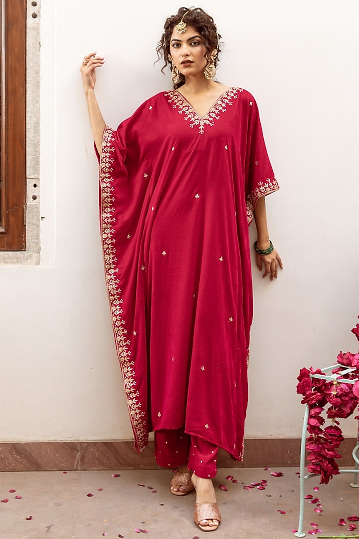 Pink Velvet Silk Zardosi & Marori Embroidered Hand-Dyed Kaftan Set by Maison Shefali at Pernia's Pop Up Shop