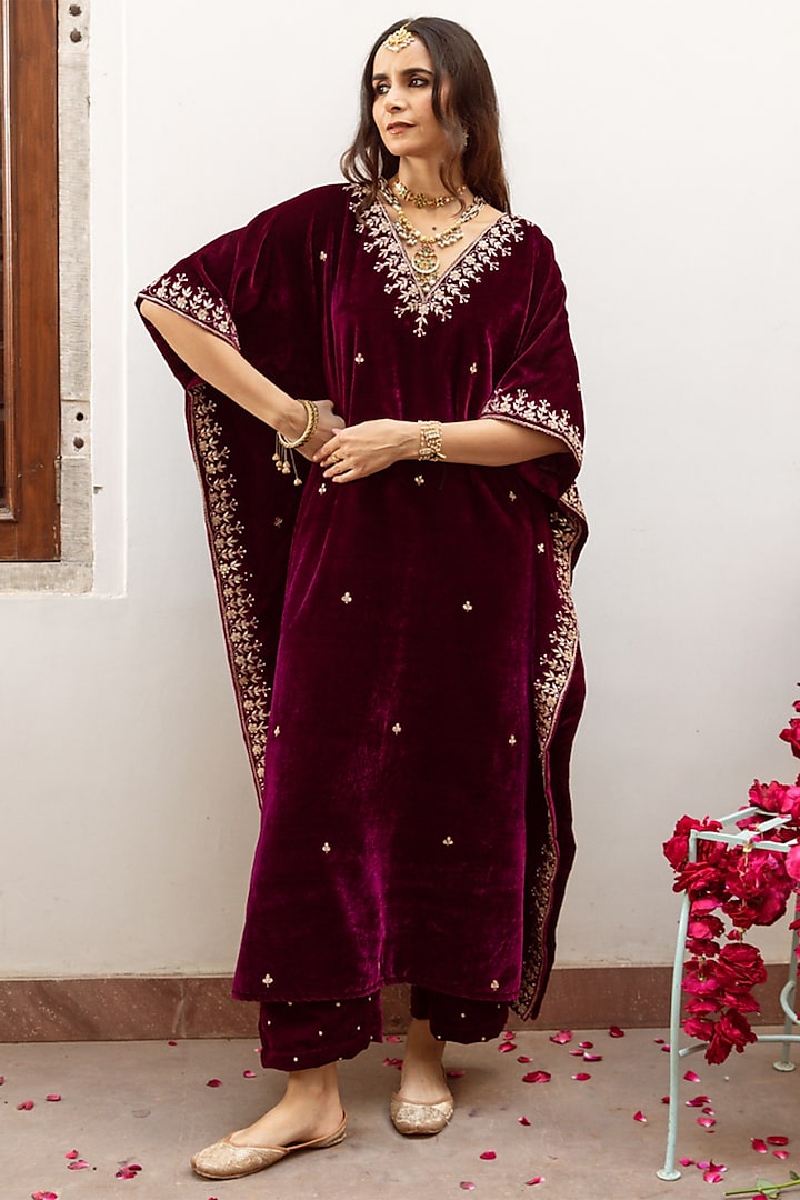 Purple Velvet Silk Zardosi & Marori Embroidered Hand-Dyed Kaftan Set by Maison Shefali at Pernia's Pop Up Shop