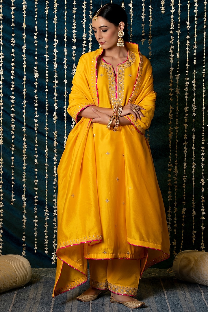 Yellow Chanderi Silk Hand Embroidered Kurta Set by Maison Shefali