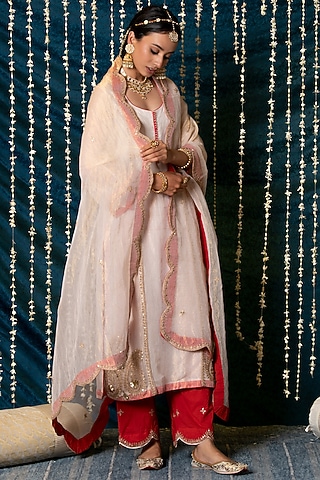 Ivory Kota Tissue Embroidered Kurta Set by Maison Shefali