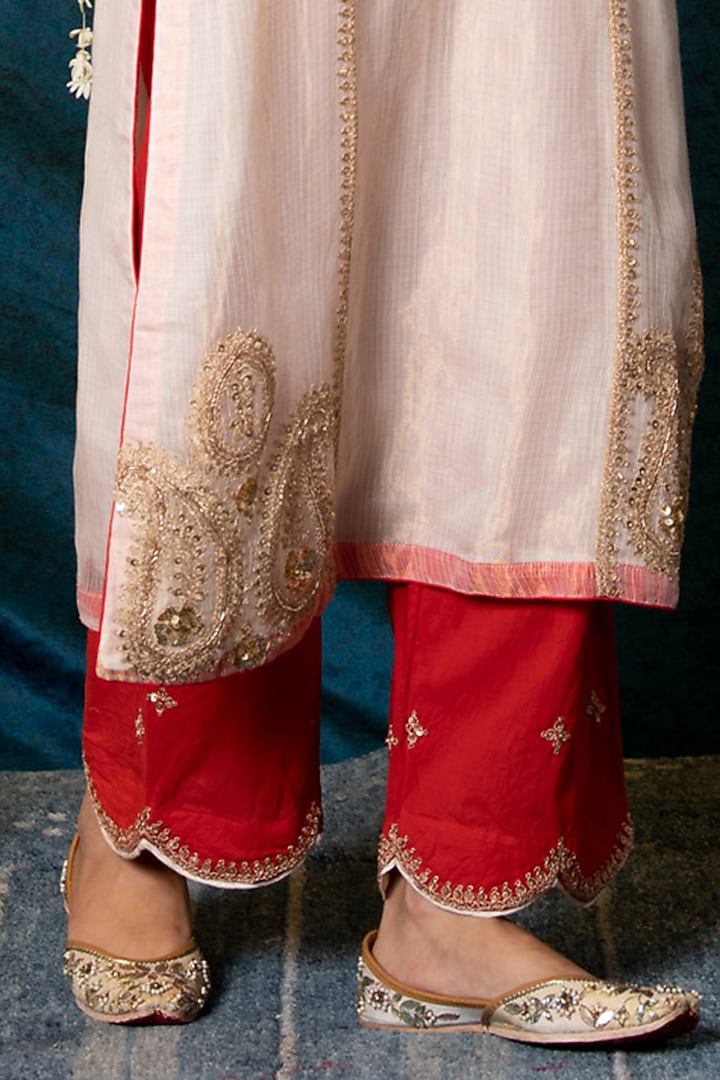 Ivory Kota Tissue Embroidered Kurta Set by Maison Shefali at Pernia's Pop Up Shop