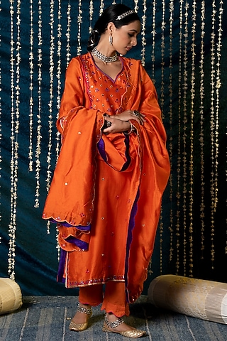 Orange Chanderi Silk Hand Embroidered Kurta Set by Maison Shefali