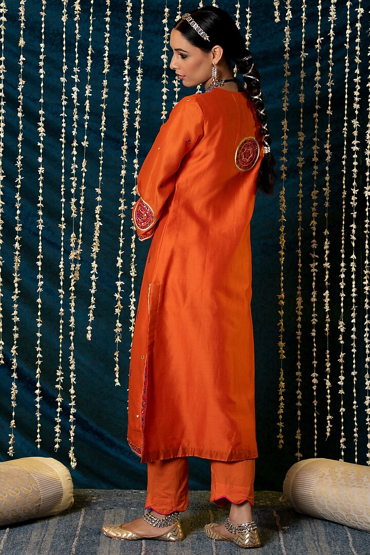 Orange Chanderi Silk Hand Embroidered Kurta Set by Maison Shefali at Pernia's Pop Up Shop